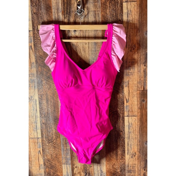Pink Ruffle Sleeve One Piece Swimsuit Women's Full Coverage - Picture 1 of 5